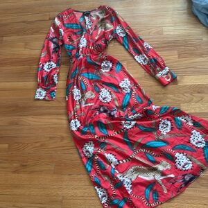 The Moon- cheetah tropical Floral Print Long Sleeve Maxi Dress. Size:‎ M.